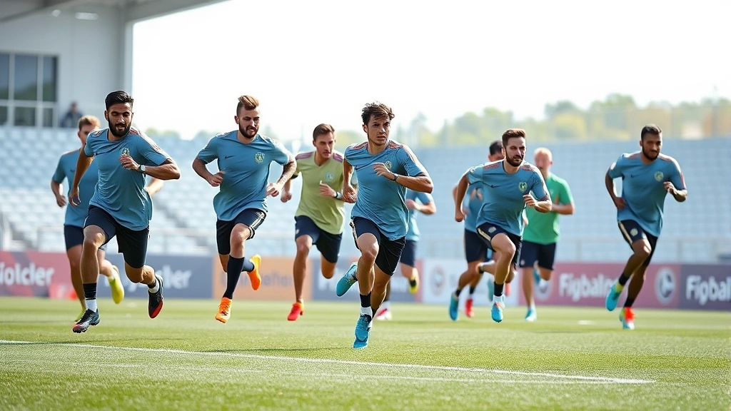 International football team players performing high-intensity interval training drill on professional pitch, multiple athletes in sprinting positions showing explosive power and conditioning