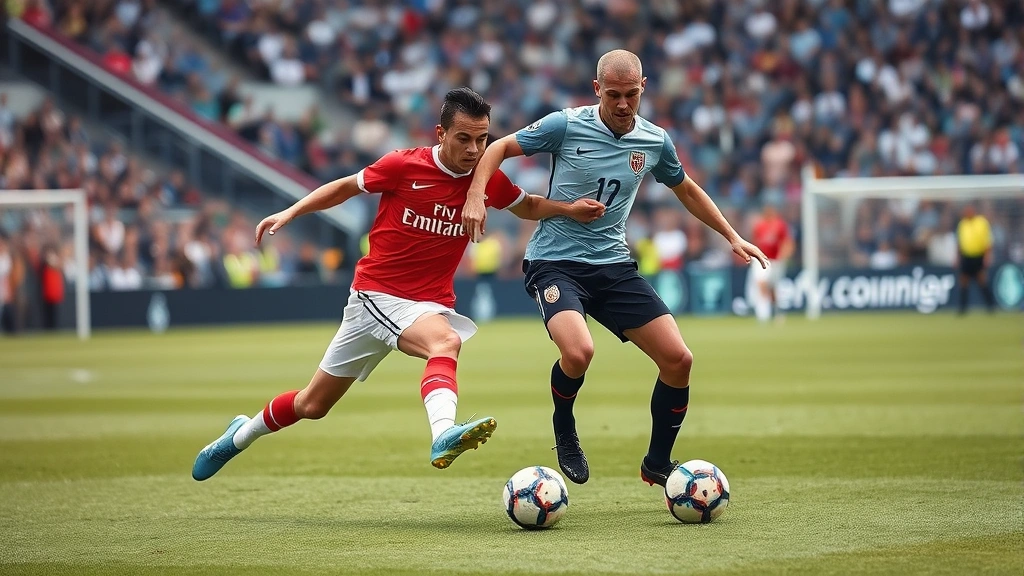 Professional football match action shot showing two international players competing for possession mid-field, intense athletic movement, stadium atmosphere visible in background, dynamic sports photography style