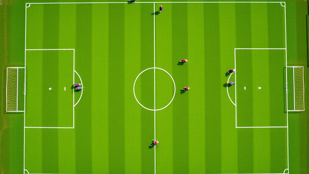 Aerial overhead view of tactical football formation with players positioned on bright green pitch, showing defensive and midfield organization, professional sports photography with natural lighting