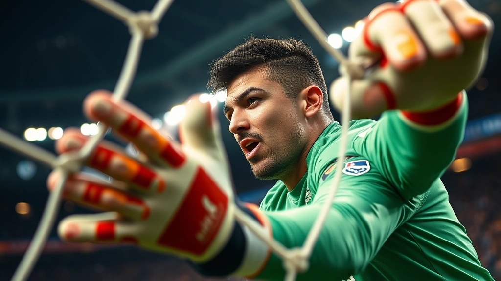 Close-up action photograph of goalkeeper making dramatic save during international match, reflexive athletic movement, intense facial expression, professional stadium setting with blurred background