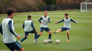 Professional football players executing tactical passing drills on pristine grass pitch during high-intensity training session with focused determination
