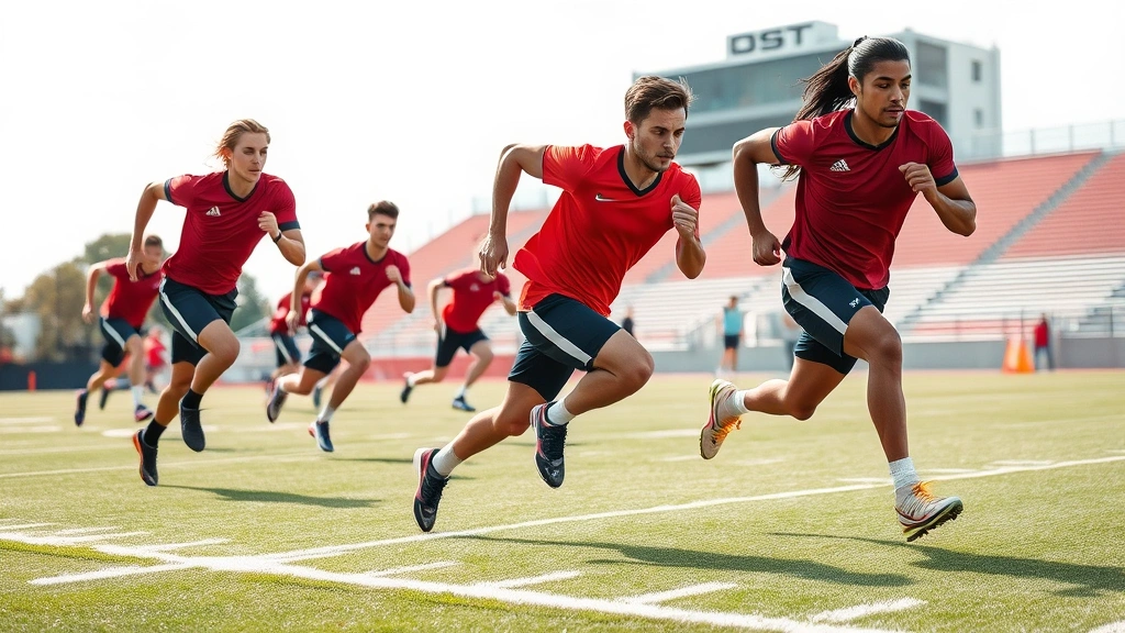 Elite athletes performing high-intensity interval sprints across football field with explosive power and athletic dedication