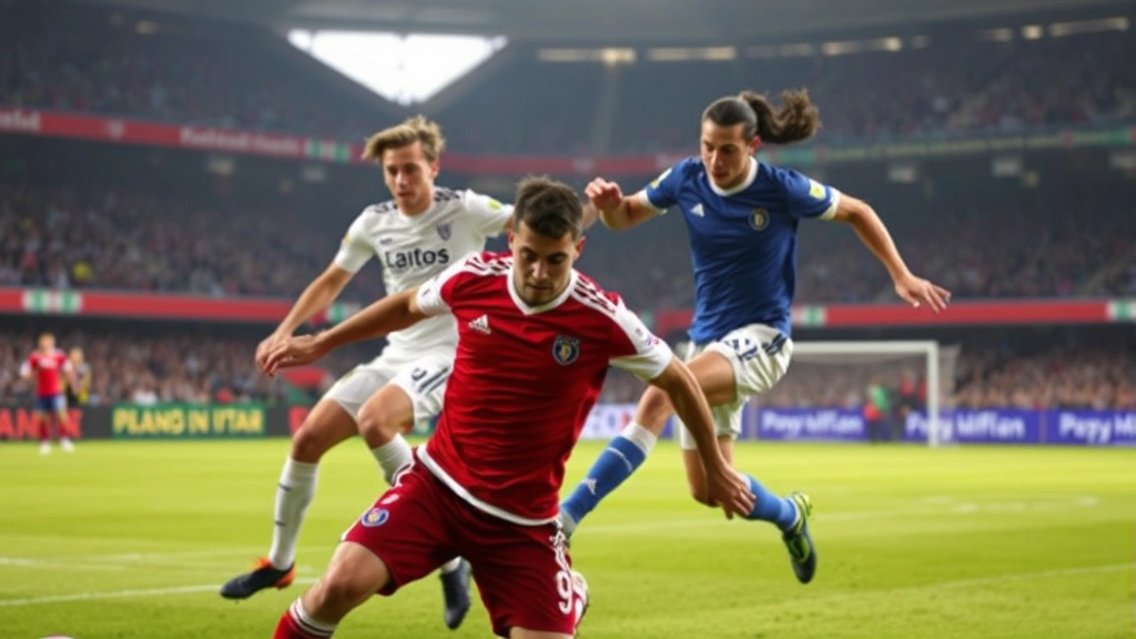 Professional football players in intense midfield battle, dynamic movement, competitive energy, stadium background, athletic performance focus