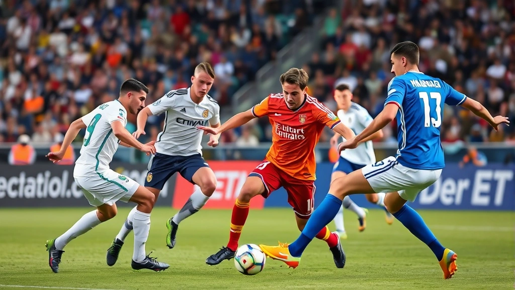International football match action, defensive pressure and tactical positioning, players competing for ball control, professional sports photography