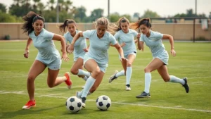 Female athletes in powder puff football uniforms executing explosive lateral cuts on grass field, mid-motion, athletic intensity, dynamic movement photography
