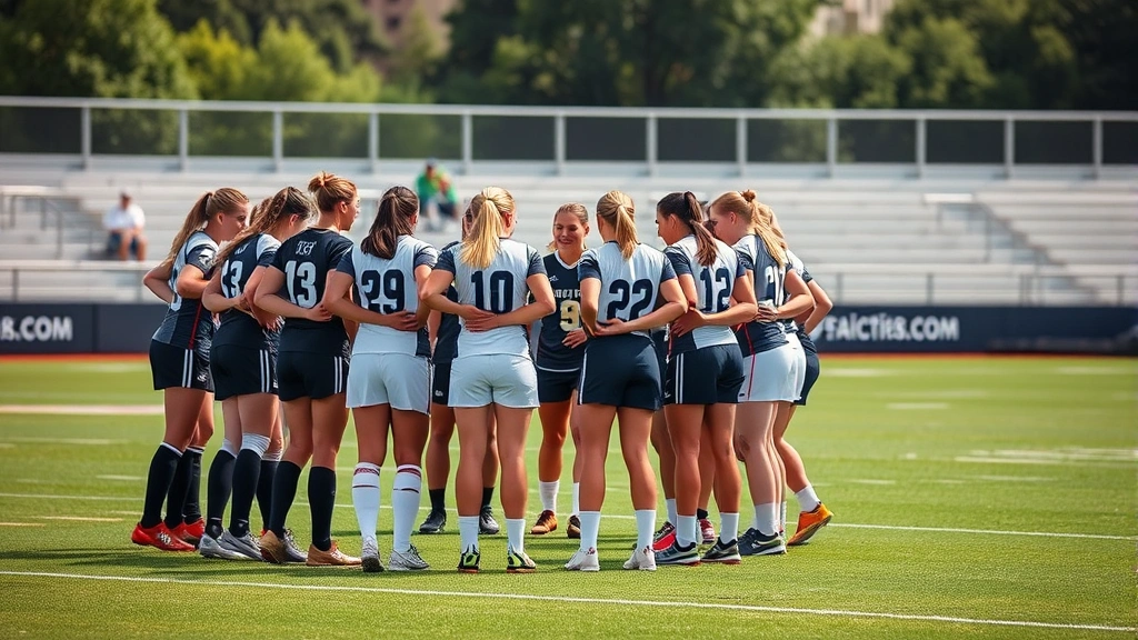 Diverse female athletes in team huddle formation on football field, focused expressions, team bonding moment, outdoor daylight, motivational athletic scene
