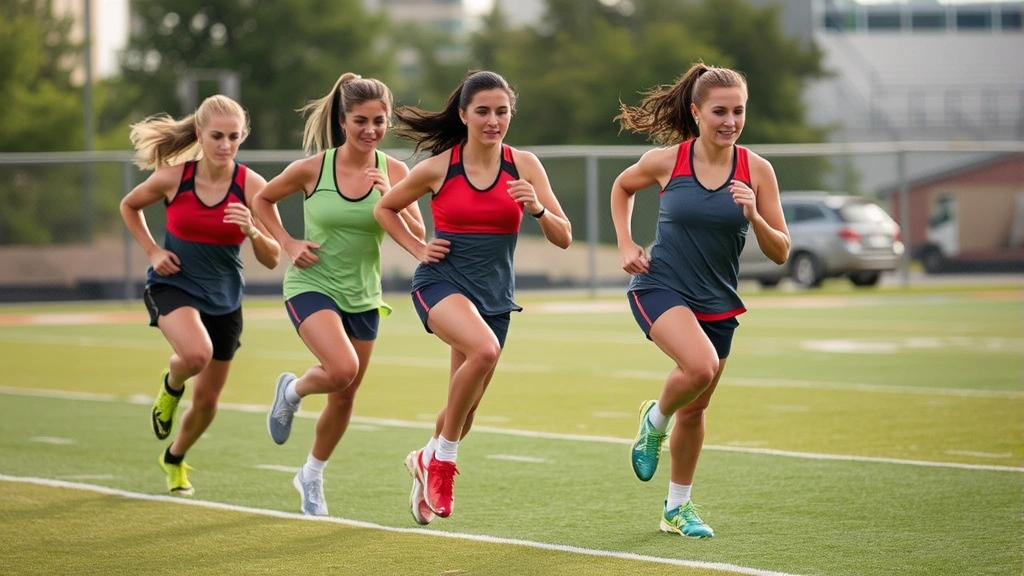 Female football players performing high-intensity interval training drills, sprinting and agility work, conditioning practice, athletic field setting, fitness-focused