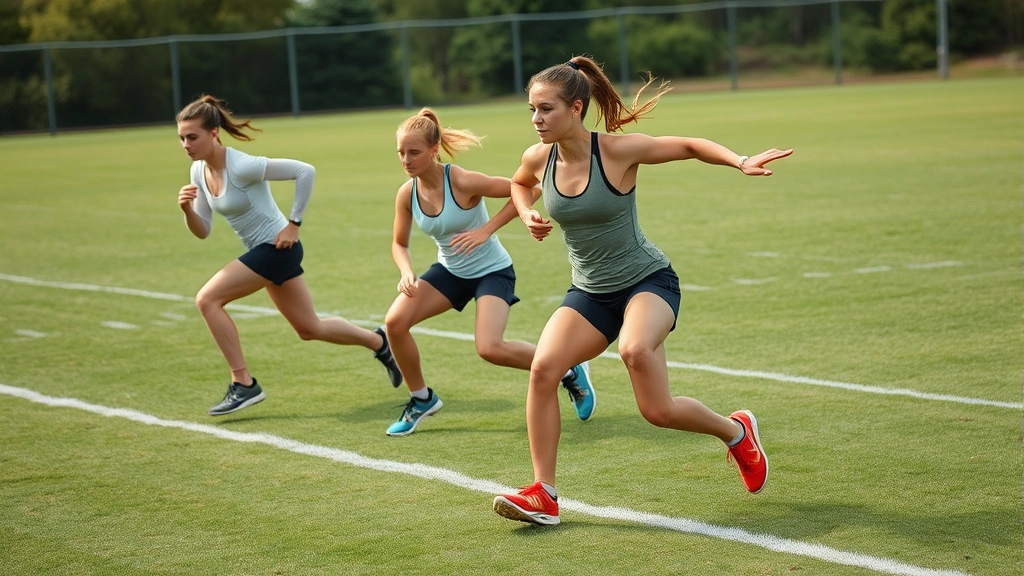 Female athletes in athletic gear performing explosive lateral movement and agility drills on grass field during intense training session, dynamic action shot with visible effort
