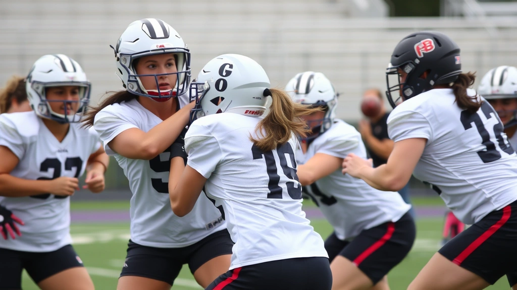 Group of female powderpuff football players executing proper tackling mechanics with correct body positioning and form during practice drill, demonstrating safe technique