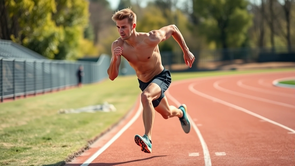 Athletic male runner performing high-intensity interval training on outdoor track, mid-sprint with dynamic form, muscular definition visible, natural daylight, motivational intensity