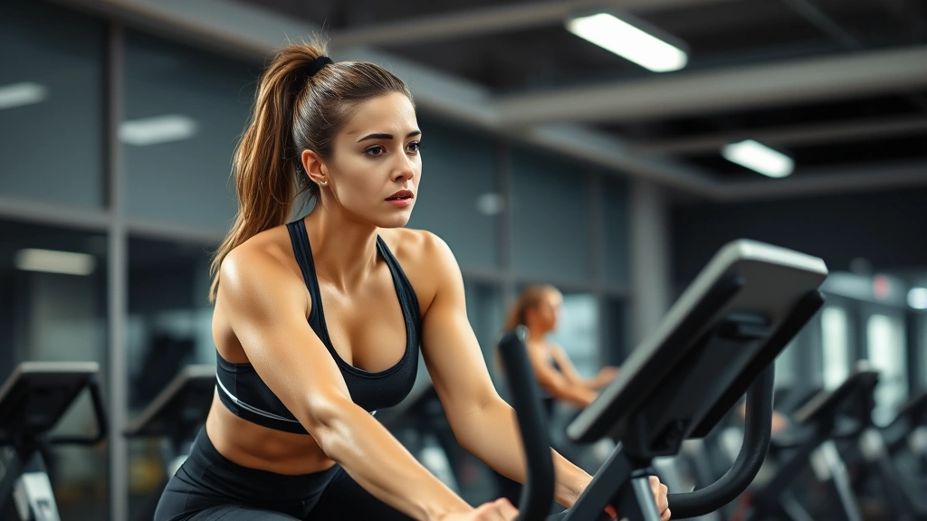 Female athlete on stationary bike in modern gym, focused expression, sweat visible, professional athletic wear, bright gym lighting, intense cardio session captured mid-effort