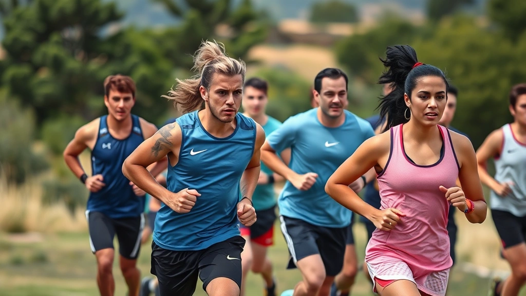 Mixed group of athletes performing tempo cardio work outdoors, multiple sports represented, visible effort and determination, natural landscape background, team conditioning session