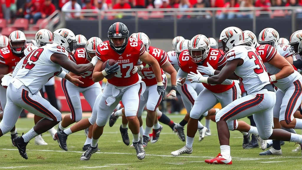 Multiple college football defensive players rushing toward quarterback in intense defensive line engagement, showing pass rush technique and athletic pursuit during game