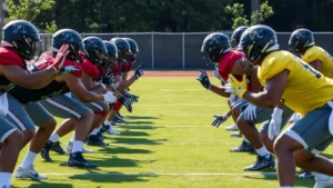 College football defensive line executing gap assignment drills during practice, players in perfect stance demonstrating technique and positioning, natural outdoor field lighting