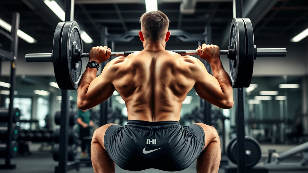 Athletic male performing heavy barbell back squat in commercial gym, deep squat position, focused expression, proper form with neutral spine