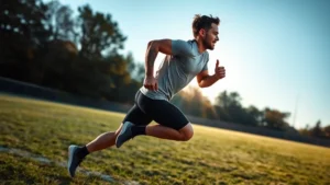 Athletic running back in explosive sprint motion, legs driving powerfully forward with intense focus, morning sunlight on outdoor grass field, sweat visible, professional athletic form