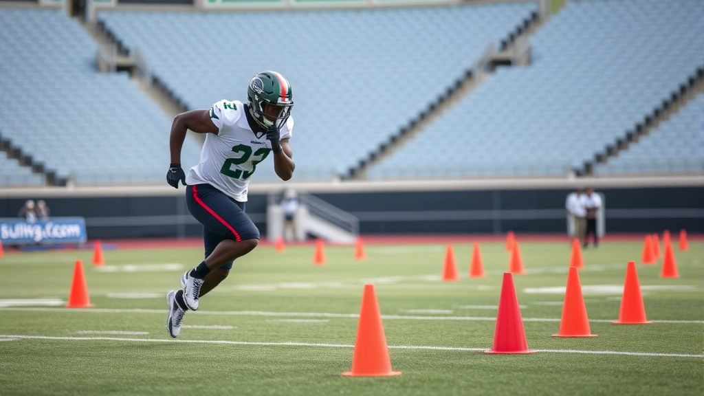 Running back performing explosive lateral shuffle drill on field with cones, body low and controlled, demonstrating multi-directional agility and conditioning, stadium background blurred
