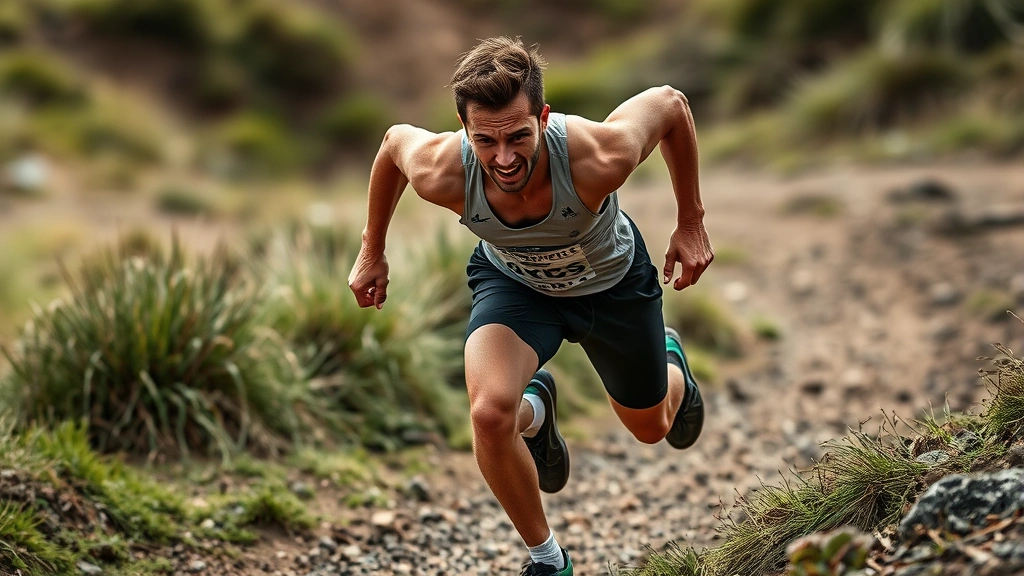 Elite athlete completing hill sprint interval training, driving uphill with maximum effort and power, muscular legs extended, natural outdoor terrain, fatigue and determination evident in expression