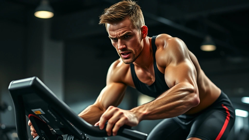 Professional athlete performing high-intensity interval training on an assault bike, sweat visible, intense facial expression, indoor gym setting with dramatic lighting, photorealistic action shot