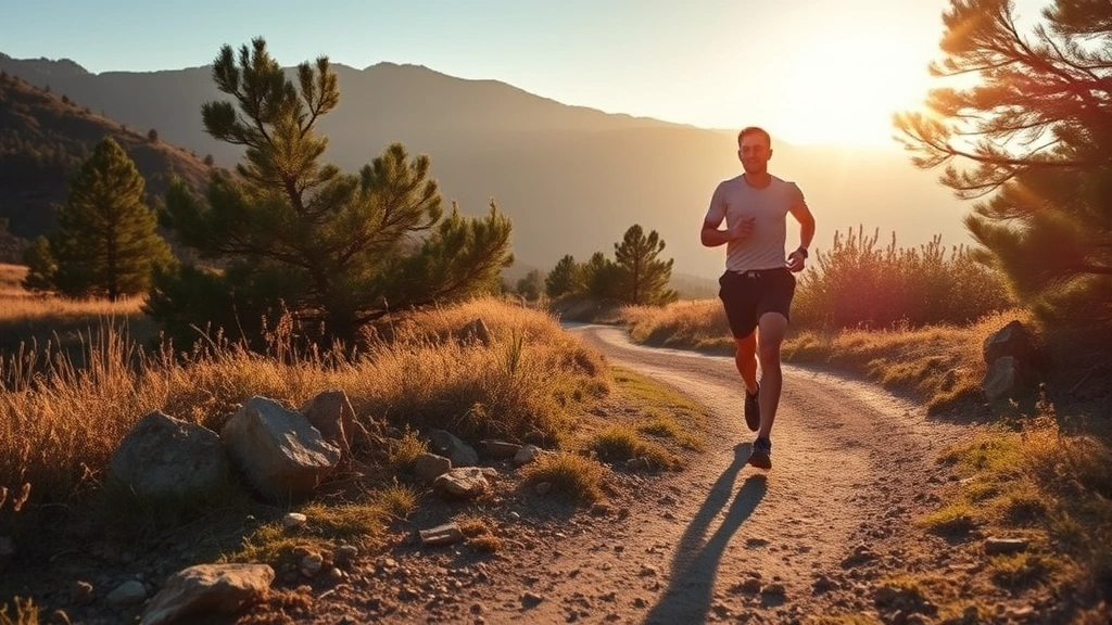 Runner maintaining steady pace during long-distance aerobic training on natural trail, early morning light, focused determination, sustainable effort intensity, professional athletic form