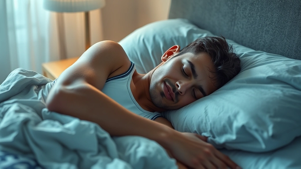 Athlete in recovery phase sleeping peacefully, peaceful bedroom environment with cool tones, rest and restoration concept, photorealistic wellness imagery emphasizing recovery importance