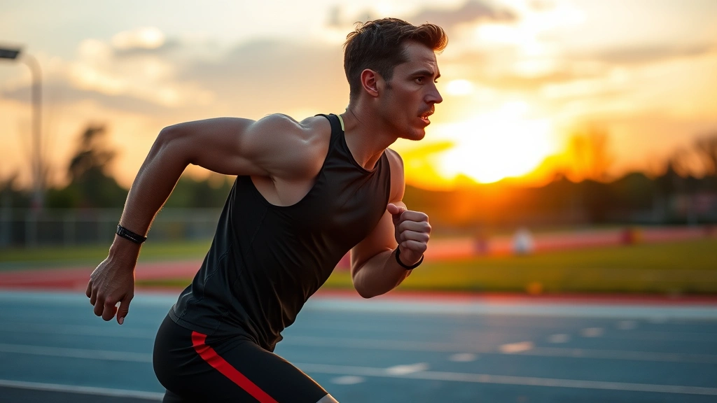 Athletic male runner in mid-stride during sunset, muscles engaged, breathing heavily, professional running form, outdoor track environment, determined expression, dynamic motion blur background