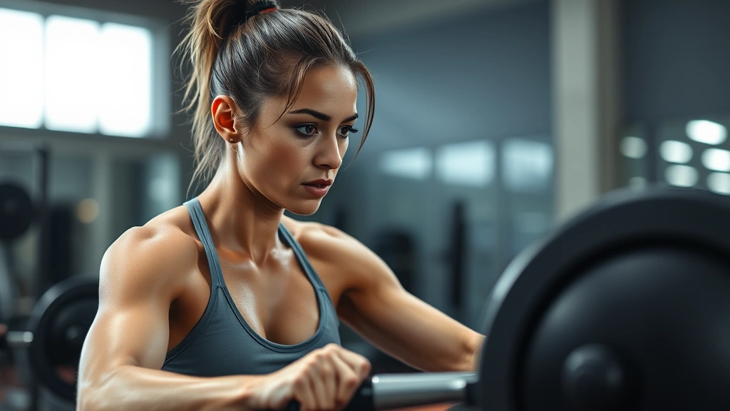 Female athlete performing high-intensity interval training on rowing machine, intense focus, sweat on face, muscular engagement, gym setting with bright lighting, power and determination captured