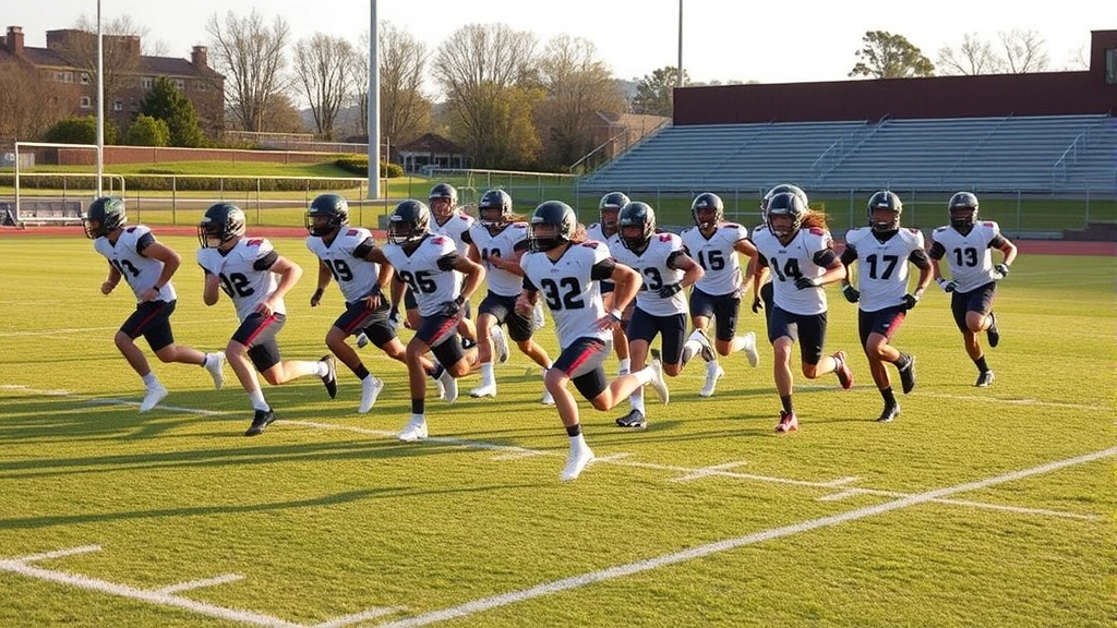 Team of college football players in conditioning drills, sprinting across field in organized formation, athletic wear, natural grass field, late afternoon light, teamwork and intensity demonstrated