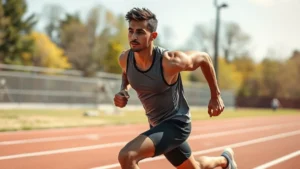 Athlete performing high-intensity interval training on outdoor track, sprinting at full speed with powerful stride, natural daylight, athletic wear, focused expression, motion blur suggesting maximum effort