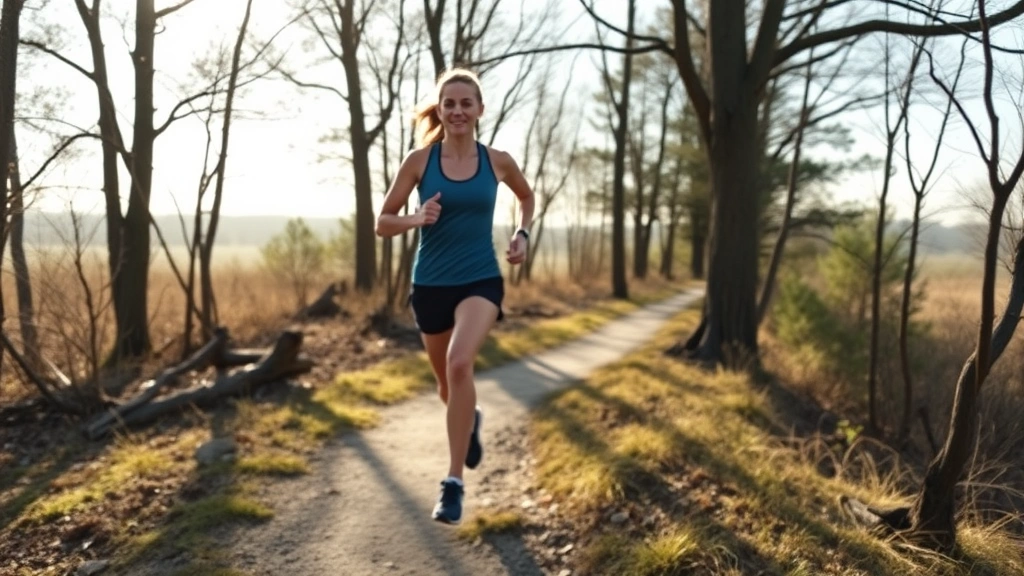 Female runner completing steady-state cardio on scenic trail, relaxed pace, natural surroundings with trees and open sky, comfortable breathing, athletic form, morning sunlight, determined but sustainable intensity