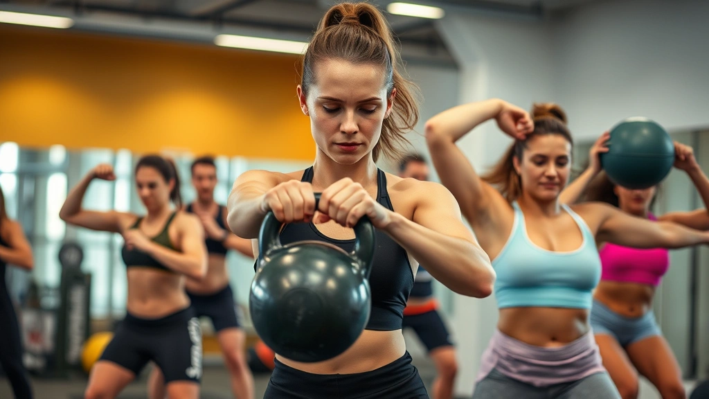 Mixed group performing circuit training cardio with kettlebells and medicine balls in modern gym, dynamic movement captured mid-exercise, sweat visible, intense focus, professional lighting, multiple athletes showing variety of exercises