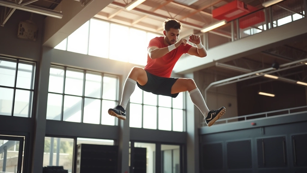 Athletic footballer performing explosive box jump in modern gym with natural lighting, intense focus, mid-air power movement, professional training environment