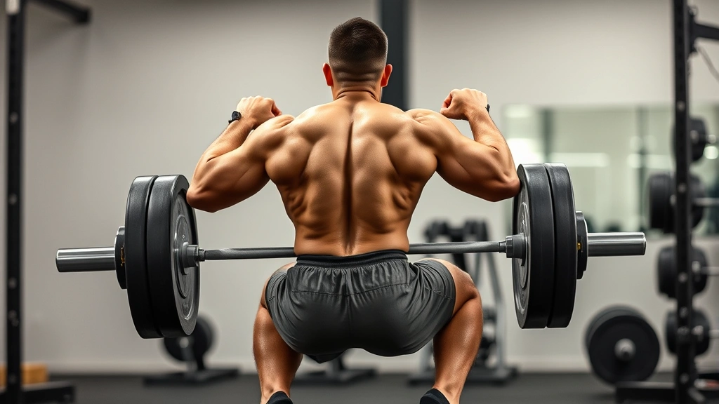 Professional athlete executing barbell back squat with perfect form, heavy weight loaded, training facility setting, powerful leg drive, muscular engagement visible