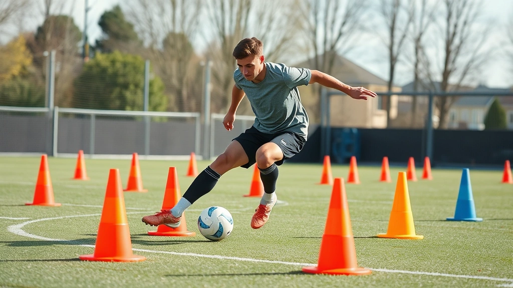 Elite footballer performing rapid agility cone drills at high speed, directional change focus, athletic explosion, outdoor training ground, dynamic motion captured