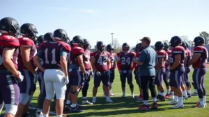 High school football team in huddle during practice, players wearing practice gear, coach standing nearby providing instruction, outdoor field with clear sky, photorealistic athletic setting