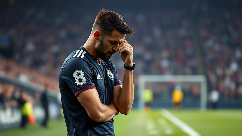 Professional male footballer in dark jersey resting on sideline after intense match, wiping sweat, contemplative expression, stadium blurred background, photorealistic sports photography