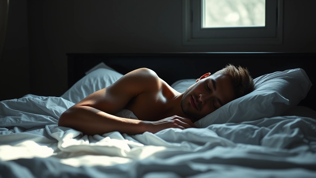 Fit athlete sleeping peacefully in dark bedroom with white sheets, peaceful expression, natural morning light through window, recovery and rest concept, photorealistic wellness imagery