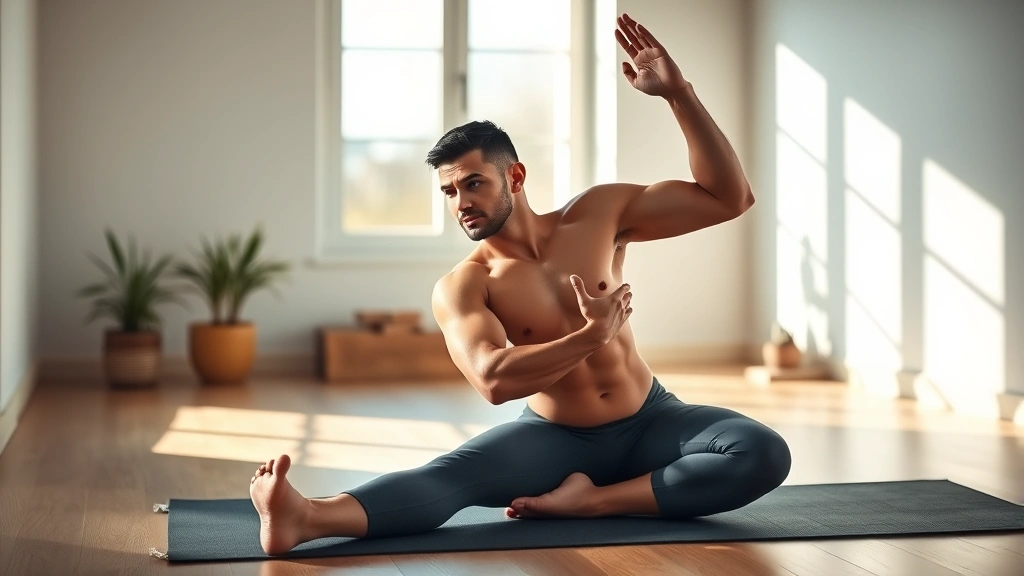 Elite male athlete performing gentle stretching on yoga mat in minimalist home gym, focused expression, recovery and flexibility work, warm natural lighting, photorealistic fitness recovery