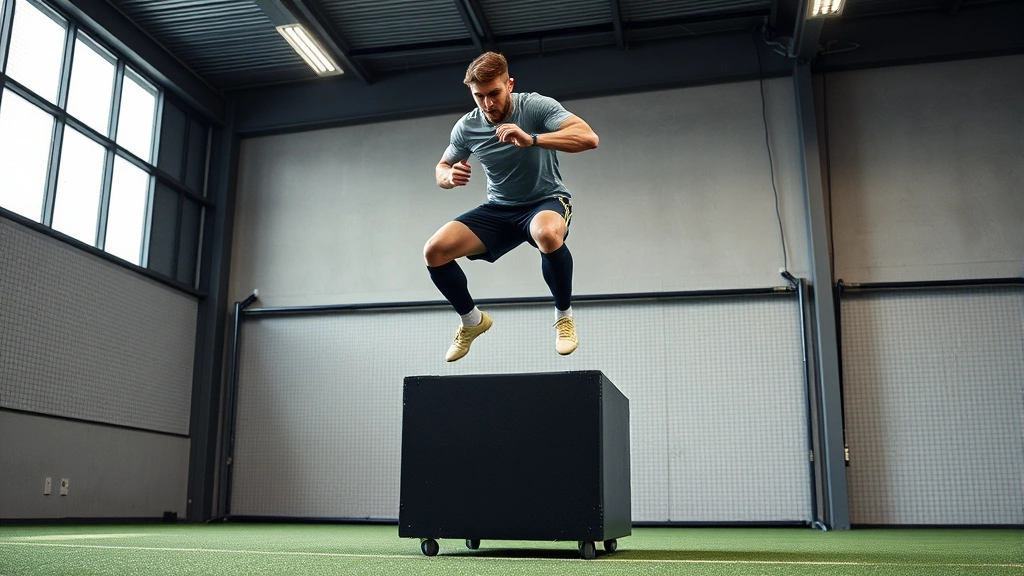 Serie B footballer executing plyometric box jump in modern training facility, explosive power movement with proper form, focused athletic performance