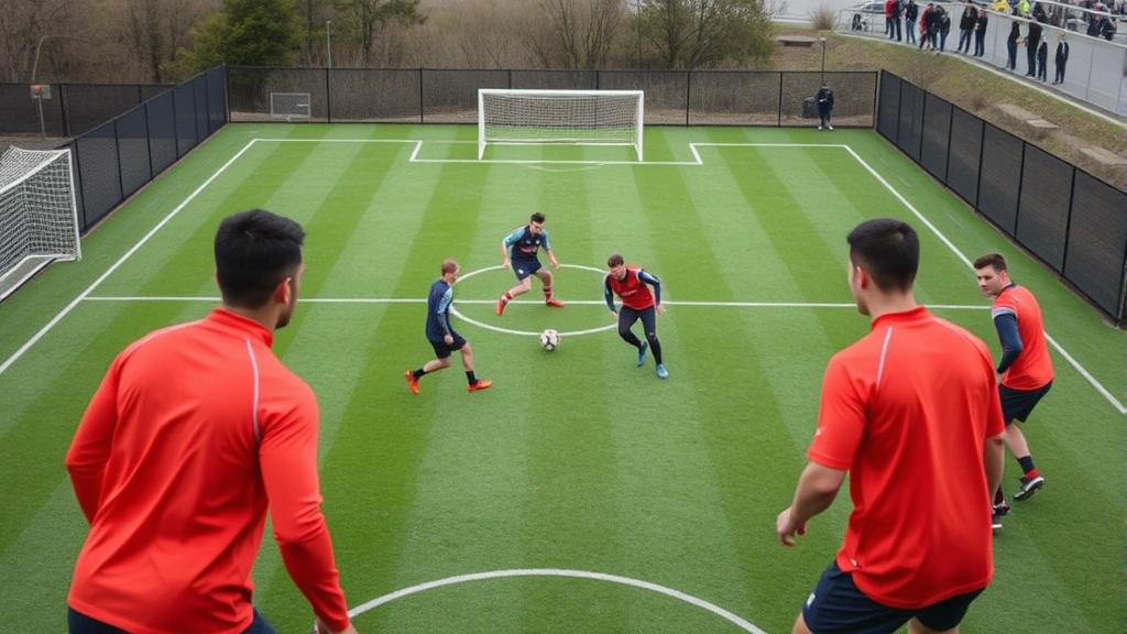 Team of footballers during small-sided possession game training drill on condensed pitch, high-intensity tactical work, competitive match-realistic scenario