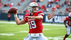 Athletic male football quarterback in Houston Cougars uniform mid-throw during competitive game, stadium background, intense focused expression, professional sports photography