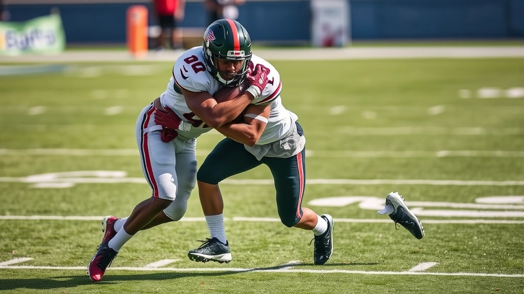 Defensive football player executing perfect tackling form on opposing running back, both players in athletic motion, clear field visibility, dynamic action photography