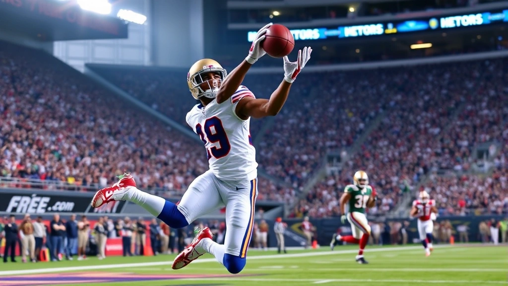 Receiver executing one-handed catch in game-speed scenario with defensive back in background, mid-air action, dynamic athletic movement, stadium setting