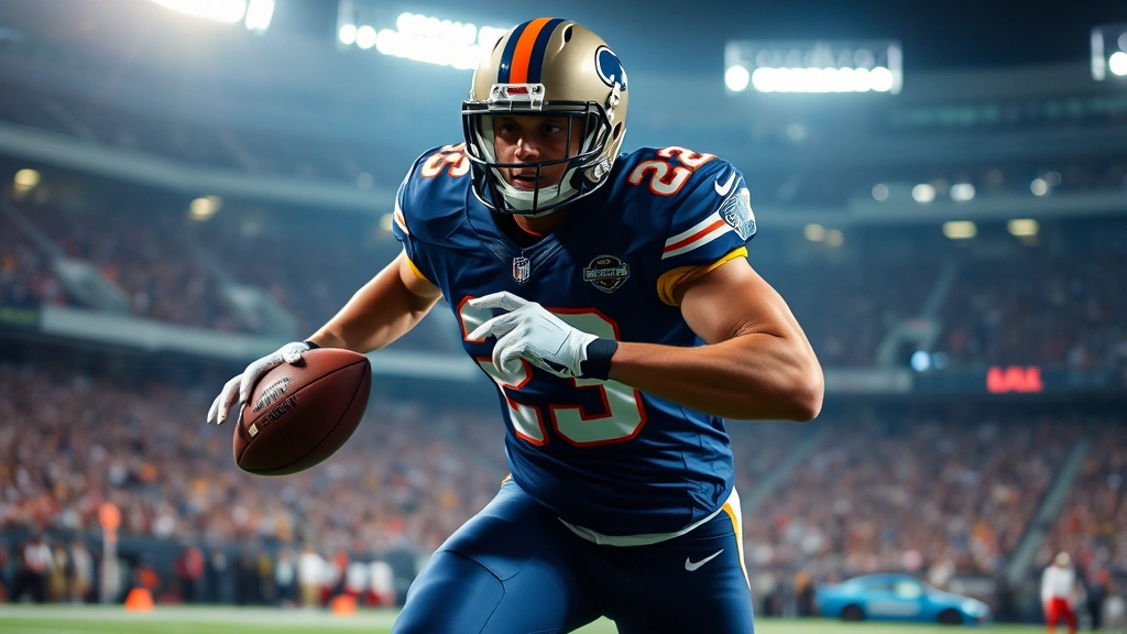 Professional football player in motion during game, dynamic athletic pose, stadium lighting, focused intensity expression, showcasing peak physical performance and agility