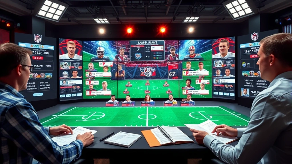 Fantasy football draft board with multiple players, strategic planning visualization, notebooks and analytics, competitive draft room environment, managers analyzing data sheets