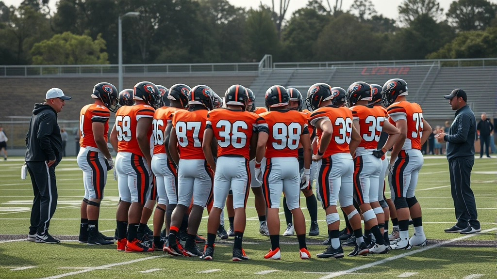 Football team in huddle formation, unity and strategy discussion, players huddled together reviewing game plan, coaching staff interaction, championship-winning mentality