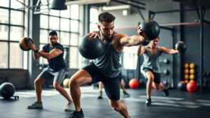Athletes performing explosive power training with medicine balls in modern strength facility, dynamic movement captured mid-exercise, athletic intensity visible
