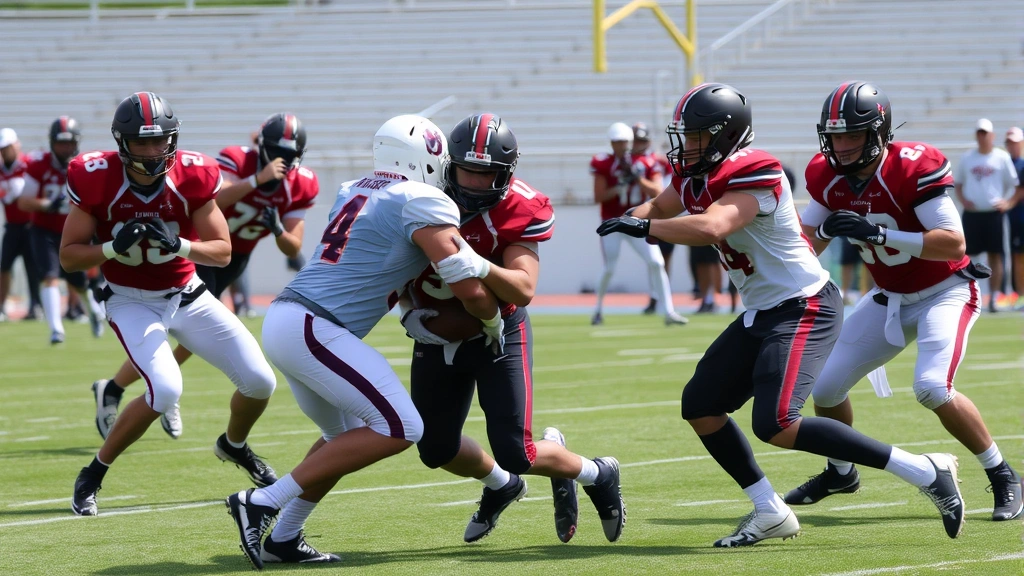 Football players executing defensive tackling drill with controlled contact, proper form demonstration, multiple athletes engaged in competitive training environment