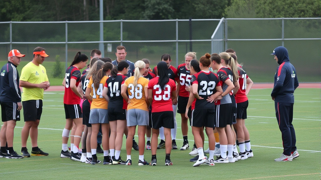 Team gathered in huddle formation showing unity and focus, coaches directing group, athlete engagement and concentration evident during practice