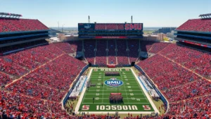 Aerial view of SMU football stadium packed with enthusiastic fans wearing red and blue, vibrant crowd energy, bright daylight game atmosphere, wide stadium perspective